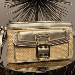 Coach Gold Metallic Leather Straw Wristlet Clutch